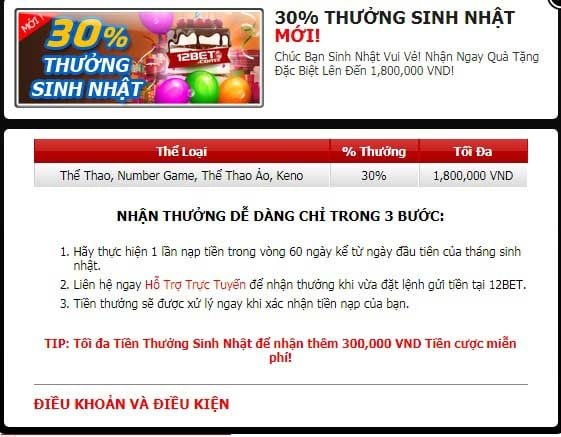 12bet thưởng 30% chúc mừng sinh nhật người chơi